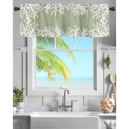 Rod Pocket Window Valances Abstract Sage Green Coral Short Kitchen Curtains Modern Minimalist Art Window Treatment Drapes for Bedroom Bathroom Living Room 42x18In 1 Panel