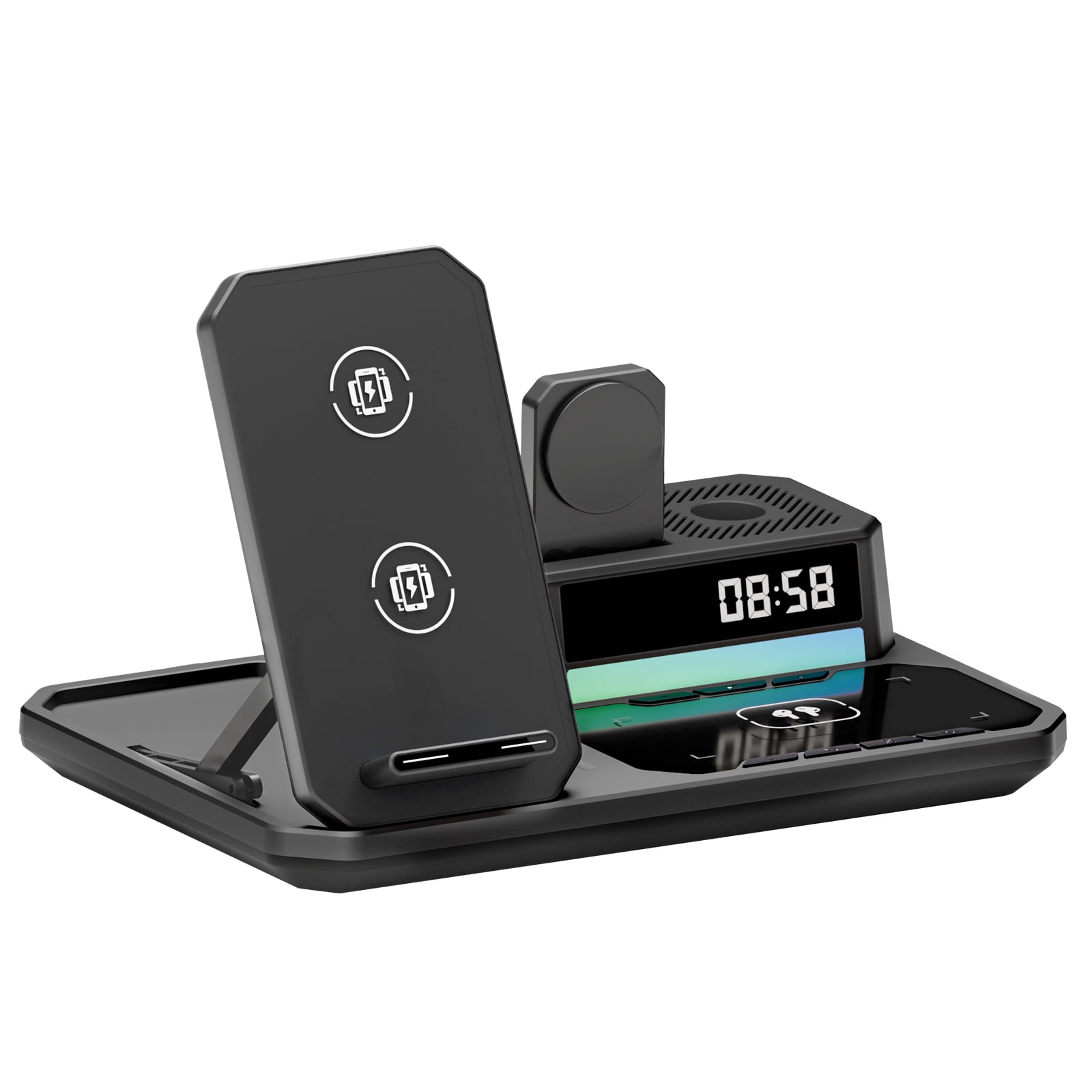 Wireless Charger for iPhone 17 16 15 14 13 12, 6 in 1 Charging Station for iWatch Series, for AirPods 4 3 2, with Clock, Bluetooth, Ambient Light