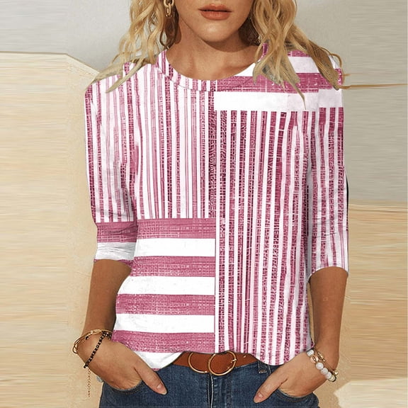 Zysthvn Casual Summer Tops for Women Striped 3/4 Sleeve Tunic Plus Size Women T Shirt Breathable Loose Fit Crew Neck