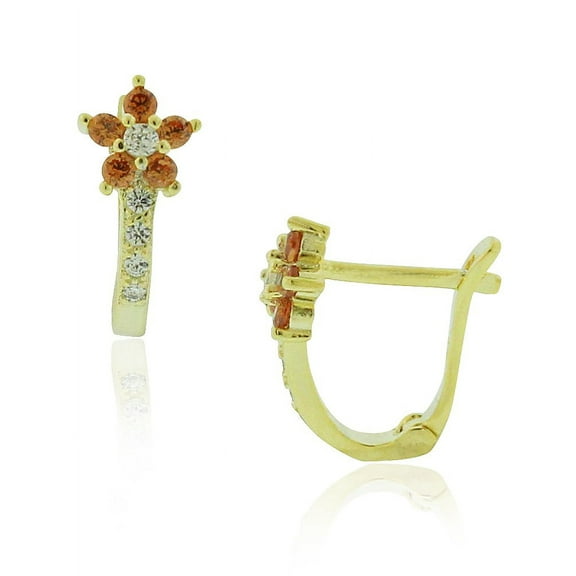 925 Sterling Silver Yellow Gold-Tone Brown CZ Small Hoop Huggie Flower Floral Earrings, 0.5"