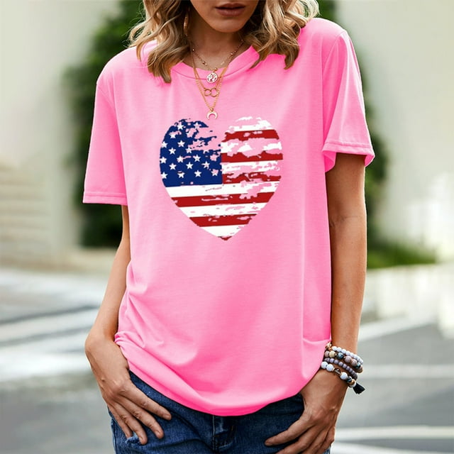 Fartey Independence Day Shirts for Women Proud Patriotic Stars and Stripes Graphic Tshirts Elegant Short Sleeve Tees Breezy Crew Neck Blouses Tops Deals of the Week