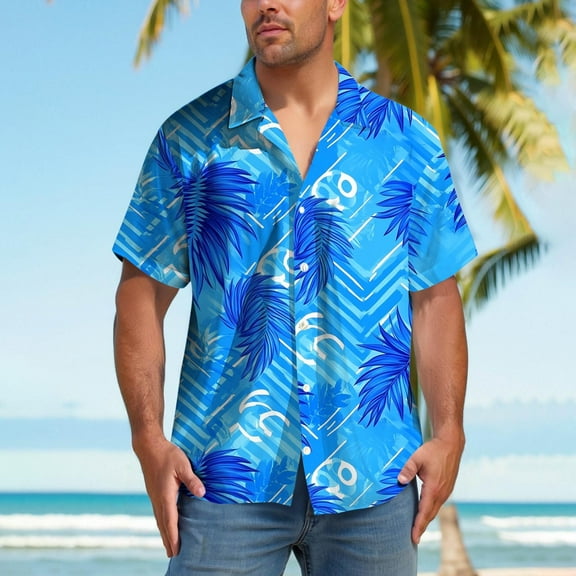 Men's Hawaiian Shirt Funky Blue Beach Printed Tropical Beach Shirt Casual Button Down Short Sleeve Floral Shirts Tops