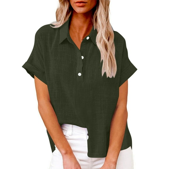 Atogsazn Womens Cotton Linen Shirt Summer Button Short Sleeve Shirt Loose V Neck Top Clothes Fashion Army Green XXL