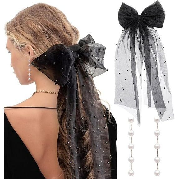 Black Bow Headwear Set - Bridal Headband Party Decoration White pearl earrings are given