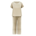 thumbnail image 5 of ICHUANYI Liquidación Conjuntos a juego de salón de 2 piezas de verano para mujer Trajes sólidos Lino Cuello redondo Tops de manga corta y pantalones largos Traje de chándal ICHUANYI WER2023082205062, 5 of 5