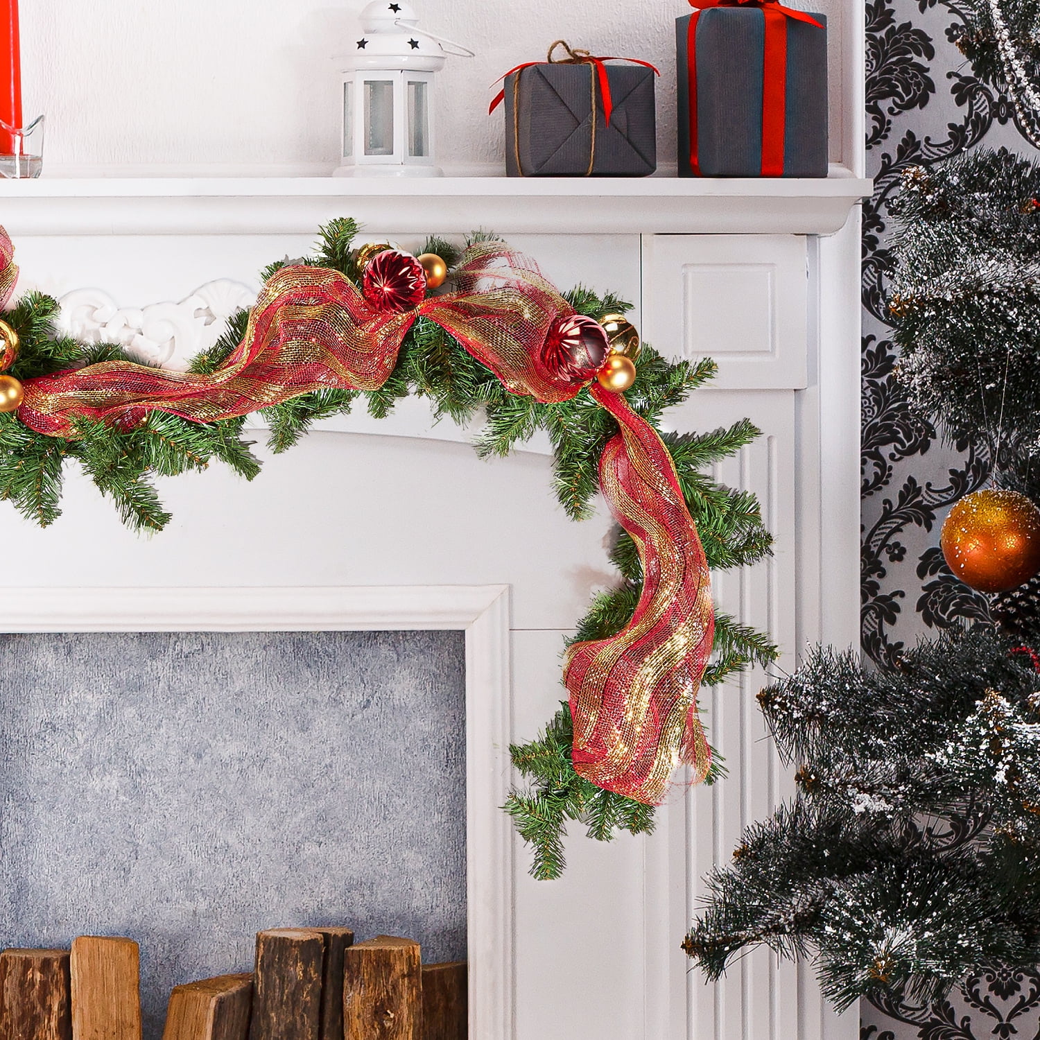 Kepooman House 9-foot Noble Fir Pre-Lit Warm White LED Pre-Decorated Artificial Christmas Garland, Green and Red Kepooman House 9-foot Noble Fir Pre-Lit Warm White LED Pre-Decorated Artificial Christmas Garland, Green and Red