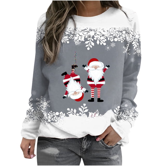 EGNMCR Chandail en Molleton de Noël pour Femmes T-shirt Imprimé d'Hiver Manches Longues Blouse Col Rond Hauts Décontractés