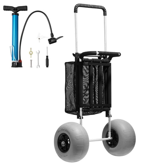 KFFKFF Shore Trolley with Large Sand-Friendly Wheels, Cargo Deck Measuring 29.9" x 15.4", Equipped with 12" Inflatable Wheels, Foldable Beach Wagon with 165LBS Load-Bearing Capacity & Adjustable