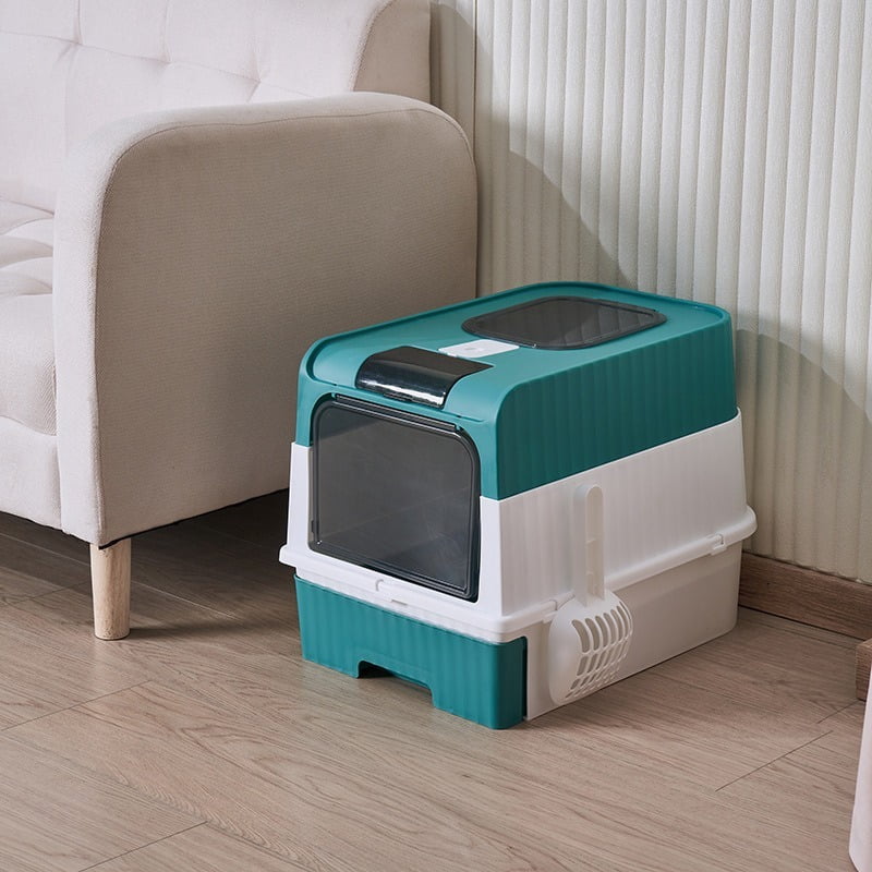 Cube Cat Litter Box, 2-in-1 Enclosed/Open-top Design, Drawer Type for Easy Cleaning, Large Space, Anti-Splashing & Odor Isolation, Blue & White, 18.89"x13.78"x14.17", for All Ages Cats