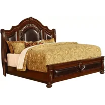 Traditional Solid Wood Queen Size Bed Frame with Faux Leather Headboard and Footboard, Cherry Finish