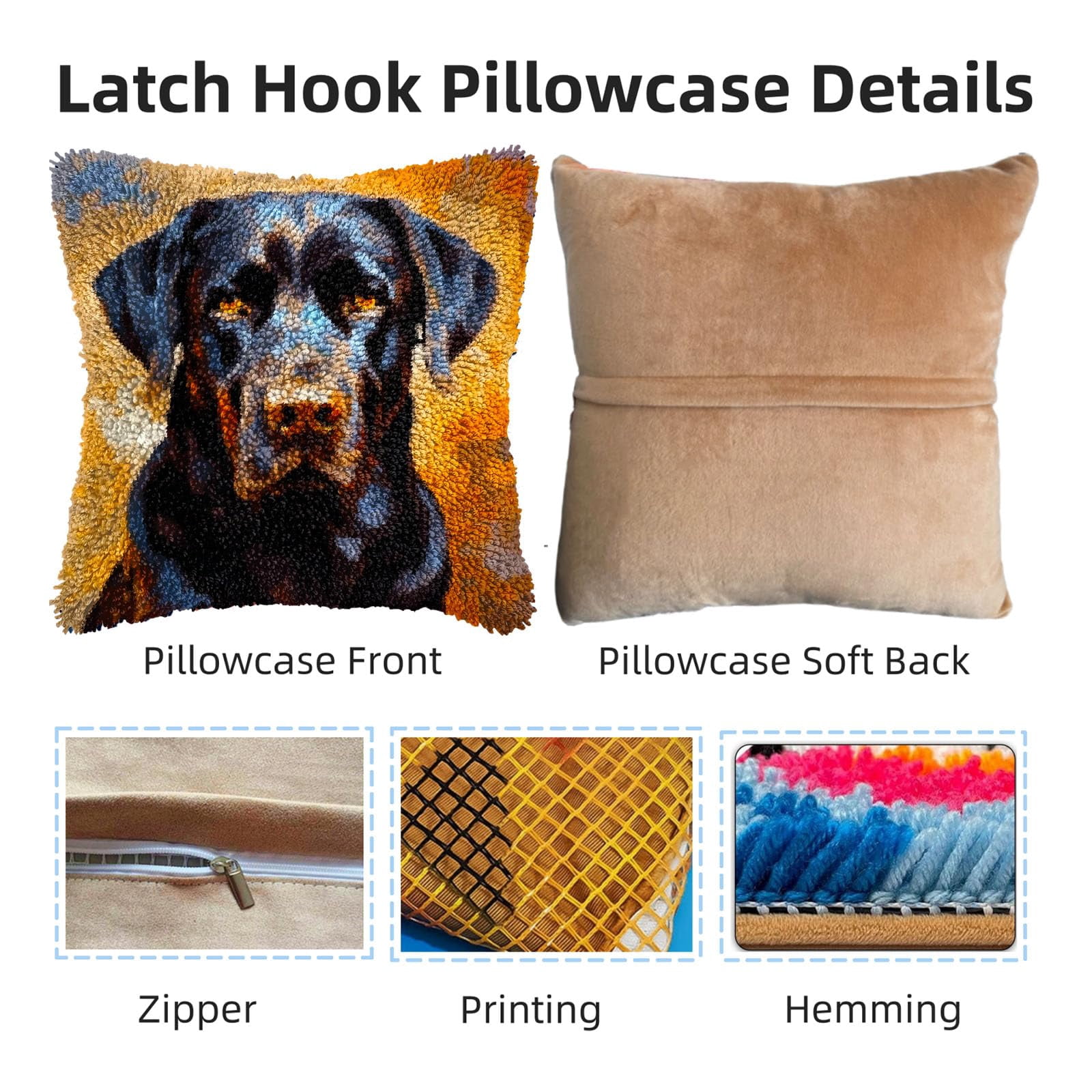 Black Labrador Retriever DIY Latch Hook Pillow Kits for Adults Printed Pillowcase Crochet Yarns Hooking Handmade Pillow Cover Cushion for Home Sofa Decoration 17x17inch