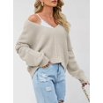 thumbnail image 5 of Women Casual V Neck Solid Color Long Sleeve Off Shoulder Loose Crop Pullover Sweater Tops, 5 of 8