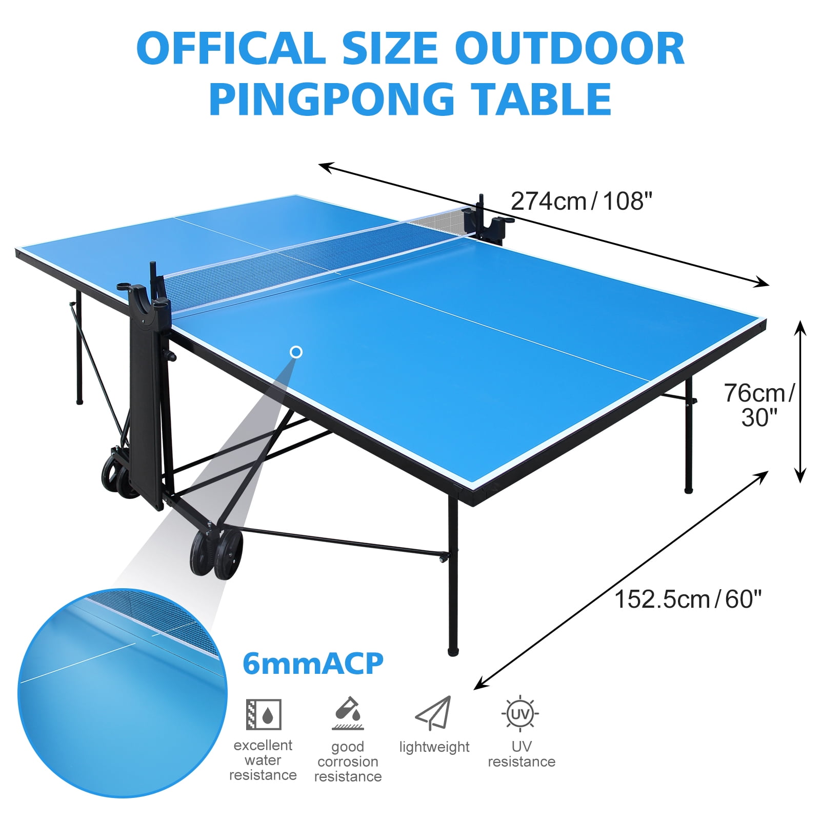 KLB Sport Outdoor/Indoor Foldable Table Tennis Table with Wheels, Weather-Resistant Mobile Ping Pong Table Set with Net, 2 Paddles & 3 Balls, Regulation Size Waterproof Ping Pong Table