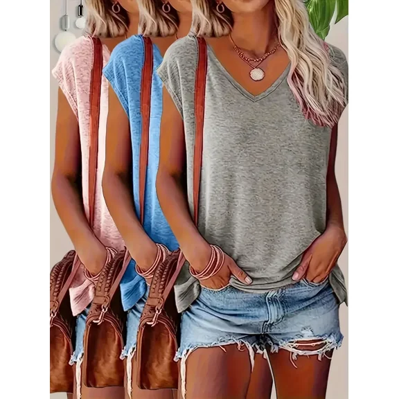 ZEHJUHAN Women's 3-Pack V-Neck Short Sleeve T-Shirts, Soft Solid Color Casual Tops for Daily Comfort & Layering