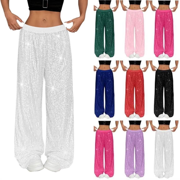 Sequin Pants Women Wide Leg Elastic High Waist Glitter Sparkly Dance Pants Casual Loose Palazzo Trousers White S