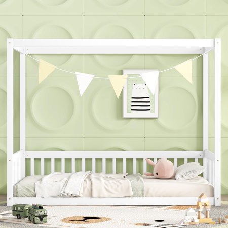 Twin Size Canopy Frame Floor Bed, Wood Platform Bed Frame with Fence, Minimalistic Sturdy Kids' Floor Bed, Twin Floor Bed Frame for Boys Girls, No Box Spring Needed, White