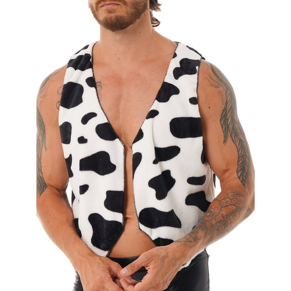 Mufeng Mens Halloween Christmas Party Fancy Dress Costume Waistcoat Cow Printed Vest for Carnival Black XL