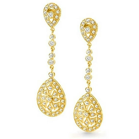 Filigree Bridal Earrings - Deco Style Bridal Teardrop Cubic Zirconia Filigree Statement Prom Chandelier Earrings Silver Plated Gold Plated Brass