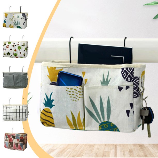 Caja organizadora de cañetas junto a la cama | Cesta colgante multifuncional para camas Dormitorio de literas | Construcción de hierro de lona • 1 grande, 2 bolsillos pequeños • ganchos para gafas