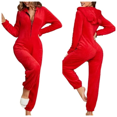 

Women s Slim Christmas Long Sleeve Pajamas Zipper Hooded Jumpsuit Pajamas 3D Ear Buttoned Fluffy Rompe Cute 1 Piece Suit Fleece Christmas On Sleepwear Womens Skit Jacket Coat plus Size Women 5x