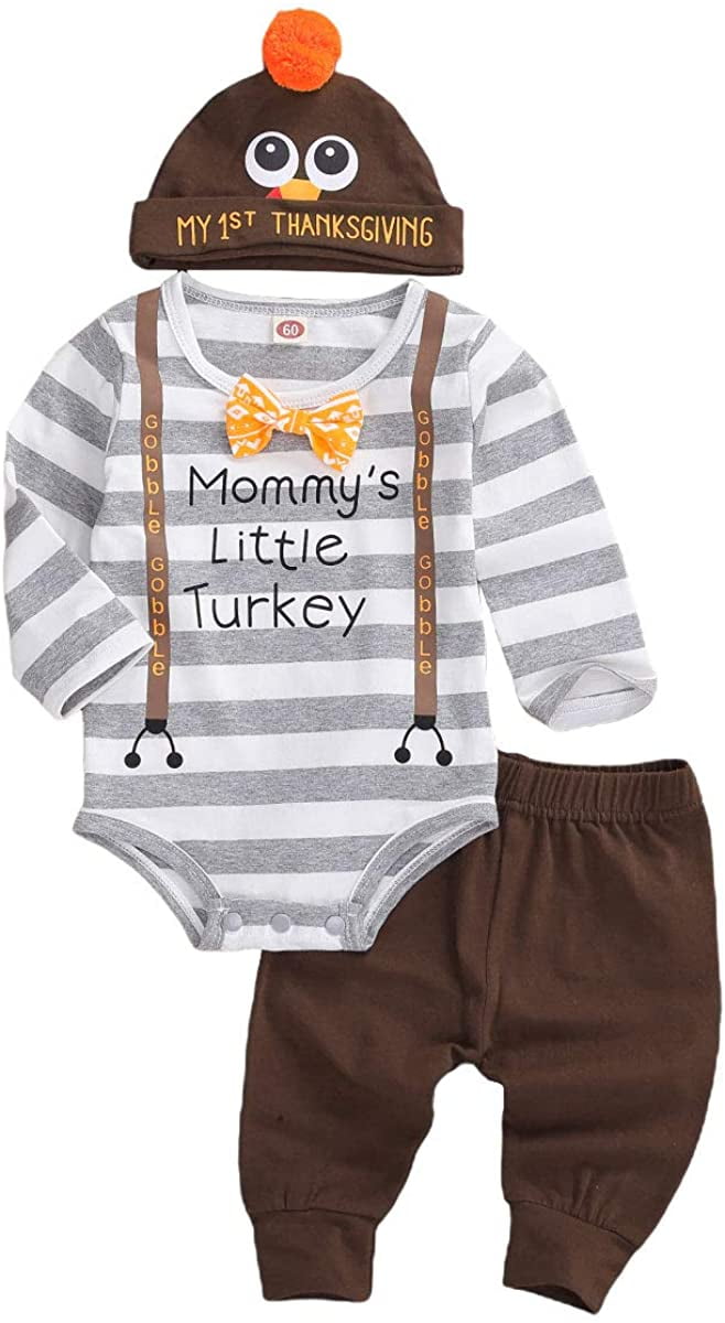 Newborn Baby Boy Girl Thanksgiving Outfit My 1st Thanksgiving Romper Bodysuit Turkey Pants Hat 3PCS Clothes Set 