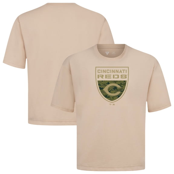 Men's Levelwear Khaki Cincinnati Reds Oversized Luxe Signature Knit Buckler T-Shirt