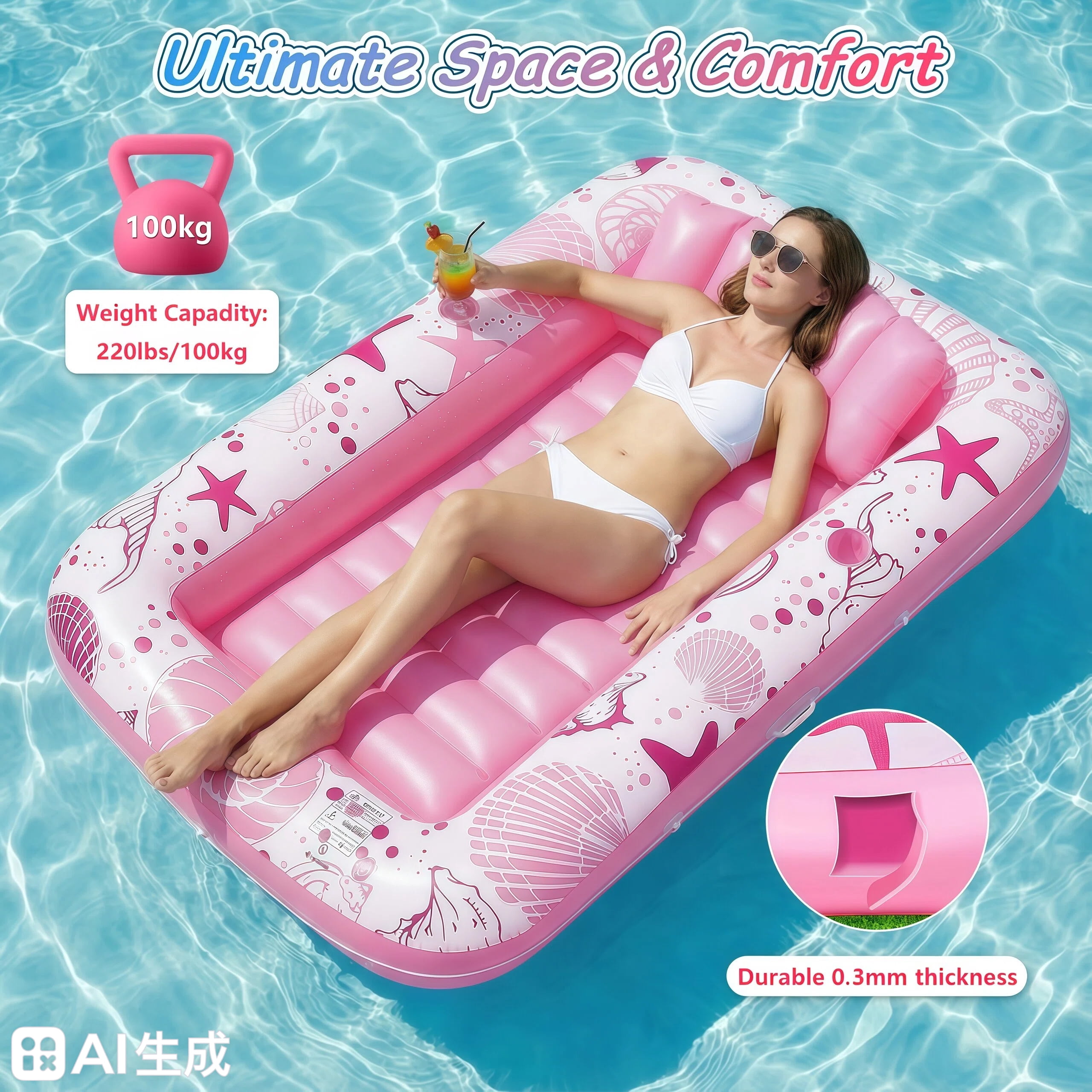 Teblint Inflatable Tanning Pool Rafts for Adults, 70" x 46" Pool Floats with Pillow, 4-in-1 Suntan Tub Raft Floatie, Sunbathing Bed Lounge for Water Backyard, Blow up Kids' Ball Pit, Pink