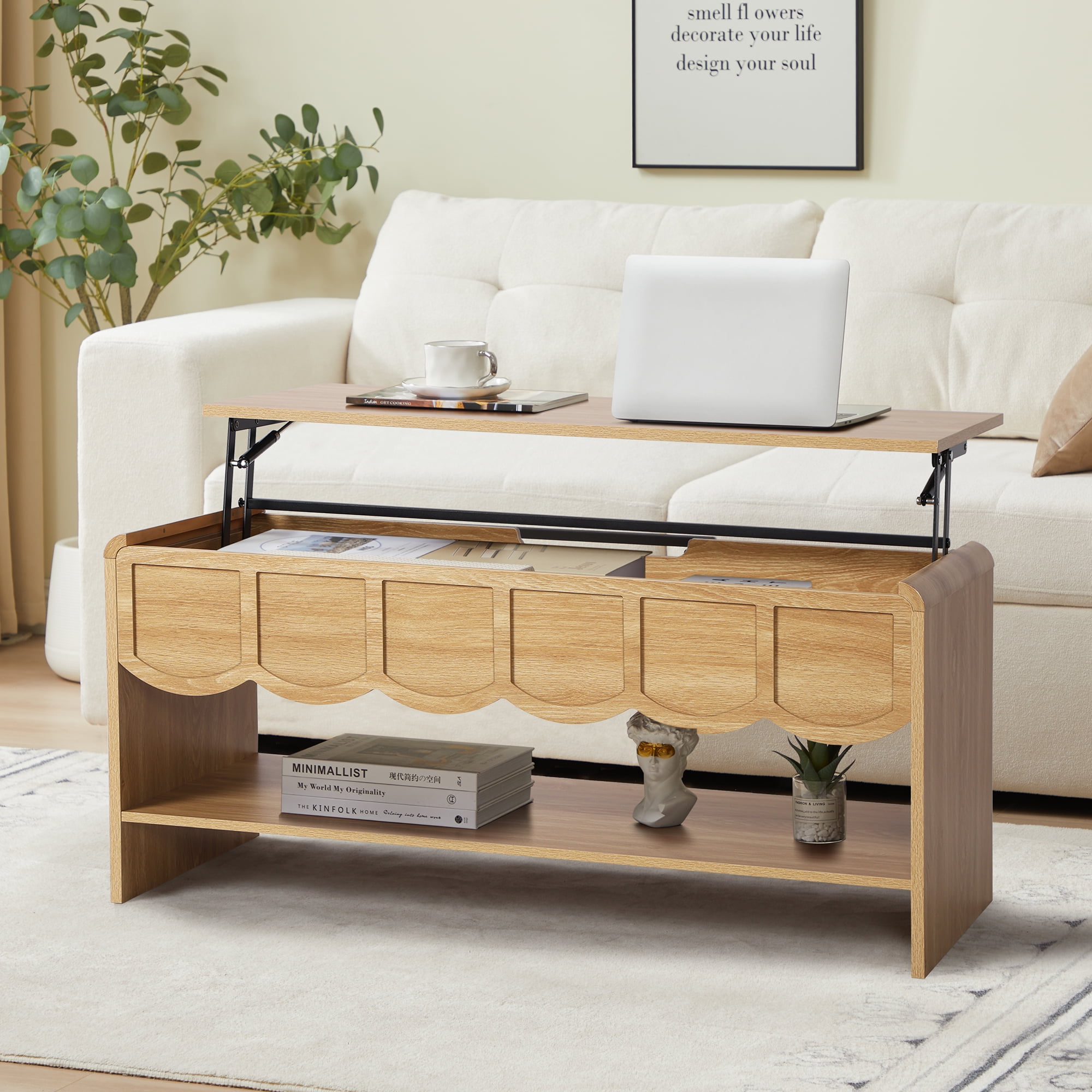 Wirrytor Lift Top Coffee Table with Storage for Living Room , Oval Coffee Table with Hidden Compartment and Open Shelf, Modern Center Tables, Wave Edge Design