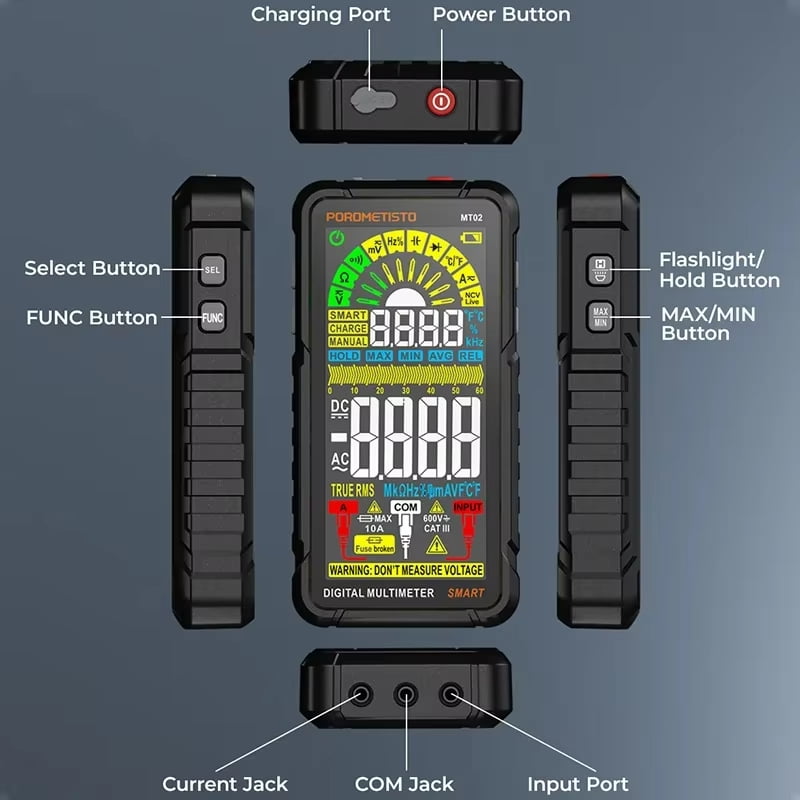 Smart Digital Tester Multimeter, Auto-Ranging, Ture RMS, 6000 Counts, Non-Contact Voltage Detection, Voltmeter Rechargeable Meter, Measures AC/ DC Current, Voltage, Ohm, Resistance, Electrical Detect