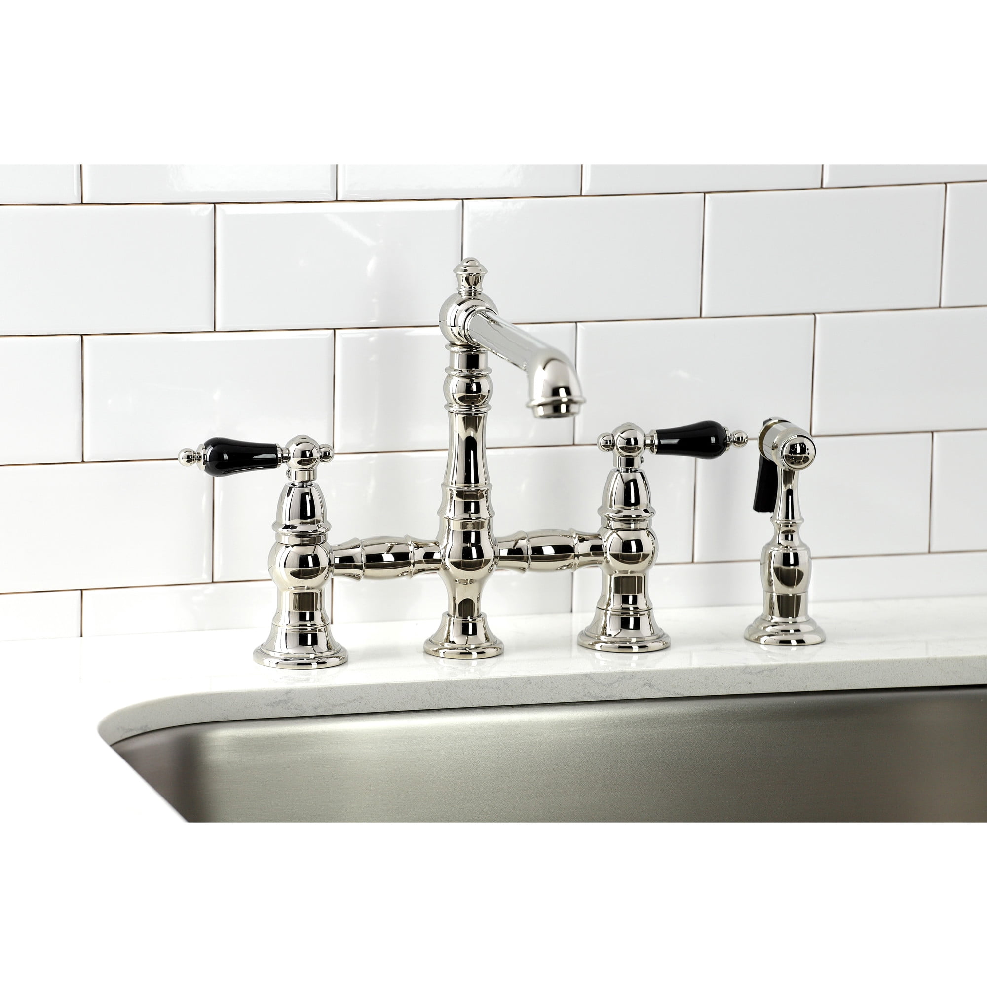 Kingston Brass KS7276PKLBS Duchess Bridge Kitchen Faucet with Brass Side Sprayer, Polished Nickel