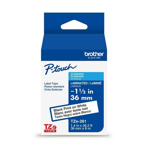 Brother P-touch TZe261 Black Print on White Label Tape, 1-1/2in (36mm) x 26.2ft (8m) Laminated, 1-Piece