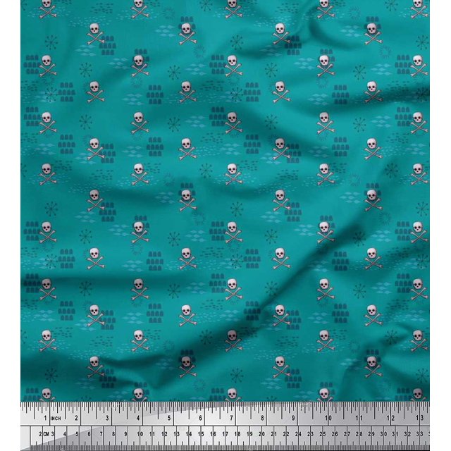 Soimoi Green Moss Georgette Fabric Crossbone & Skull Halloween Printed Fabric 1 Yard 42 Inch Wide