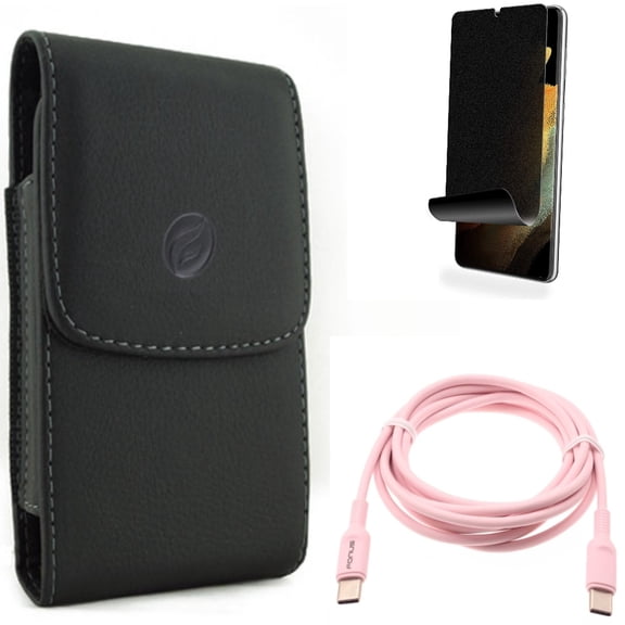 Case Belt Clip & Privacy Screen Protector & Pink 6ft Long Cable for Samsung Galaxy S22 Plus (S22 ) - Combo Leather Holster Cover & TPU Film (Fingerprint Works) Anti-Peep & USB-C to Type-C PD Fast