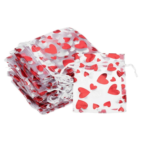50 Pcs 3x4 Inch Heart Printed Organza Bags, Red Sheer Bags for Festival Jewelry Party Wedding Favor Gift