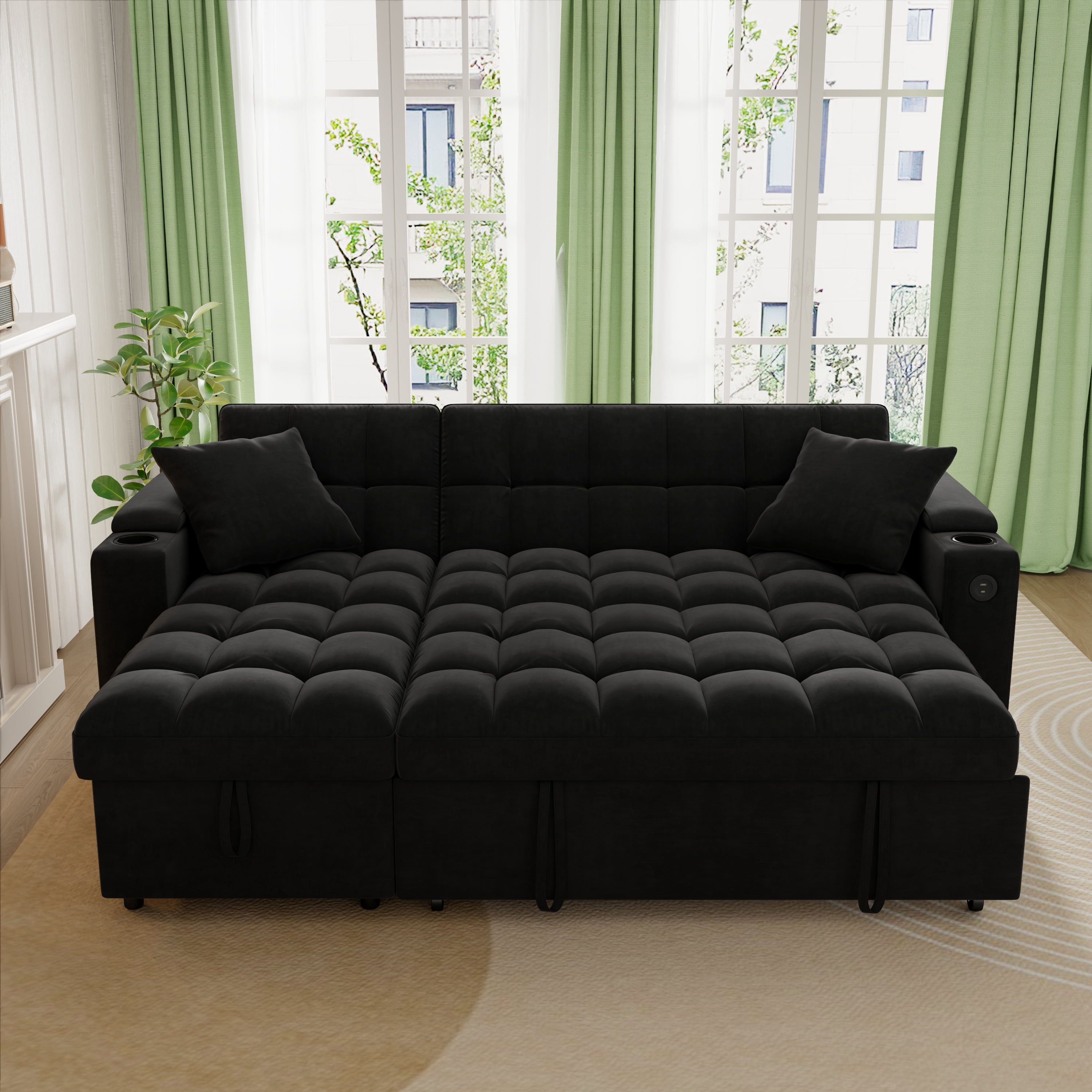 Muumblus Queen Size Convertible Sectional Sleeper Sofa with Storage & USB, Adjustable Backrest, Reversible L-Shaped Pull Out Couch Bed for Living Room, Guest Room, Black Velvet