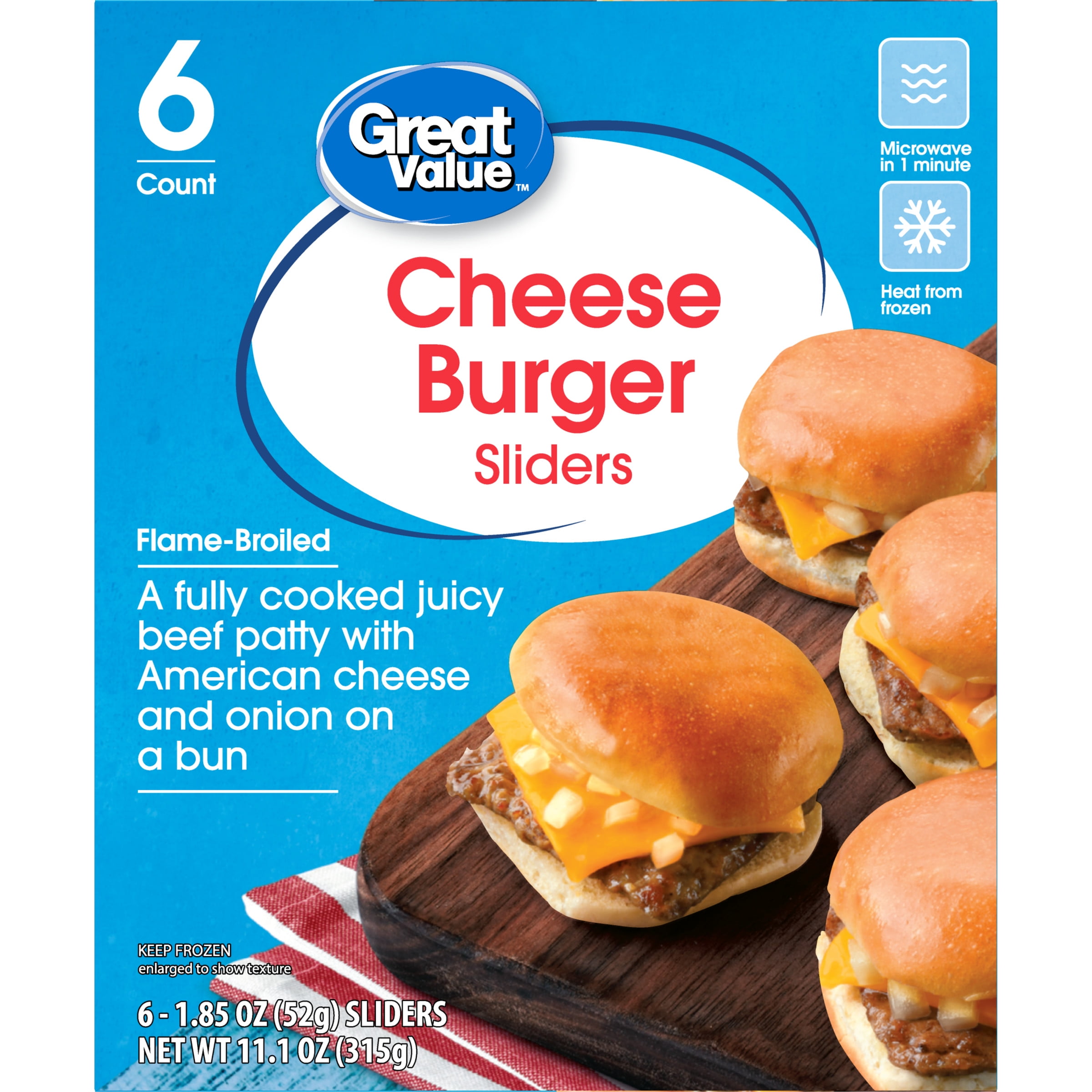 Great Value Cheese Burger Sliders, 6 Count (Frozen) Walmart Inventory
