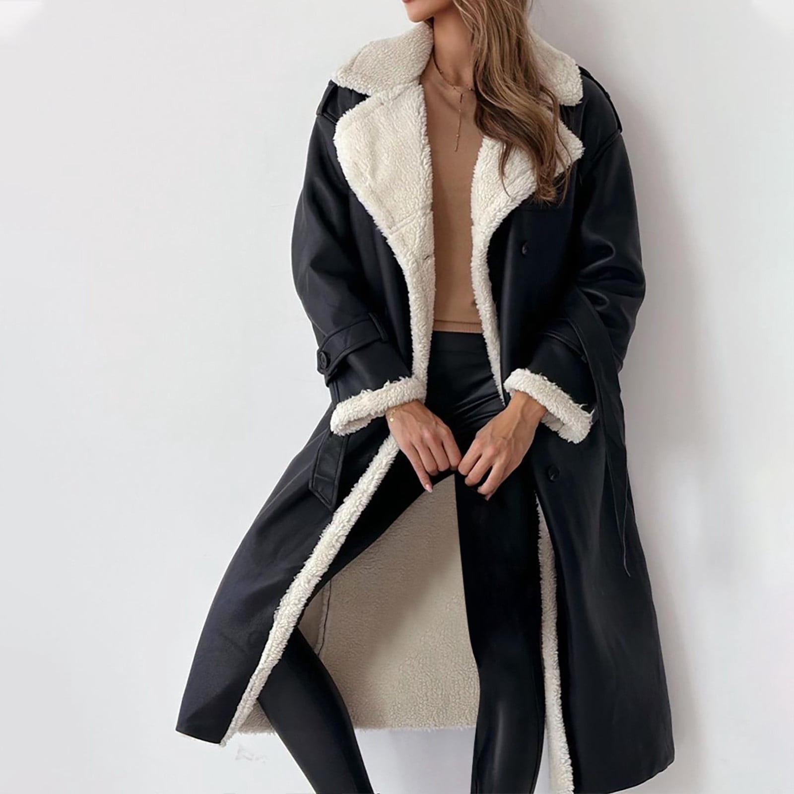 APEXFWDT Women Shearling Sheepskin Faux Leather Coat Long Winter Warm Sherpa Lined Jacket Notch Collar Button Down Trench Coat with Belt