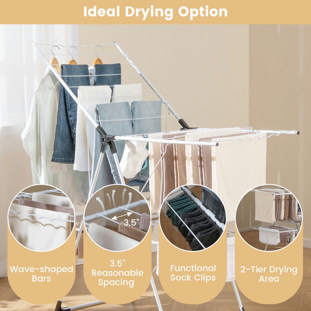 Finihen Drying Rack, Clothes Drying Rack, 2-level Laundry Drying Rack with Height Adjustable Wings, for Indoor, Outdoor, White Finihen Drying Rack, Clothes Drying Rack, 2-level Laundry Drying Rack with Height Adjustable Wings, for Indoor, Outdoor, White
