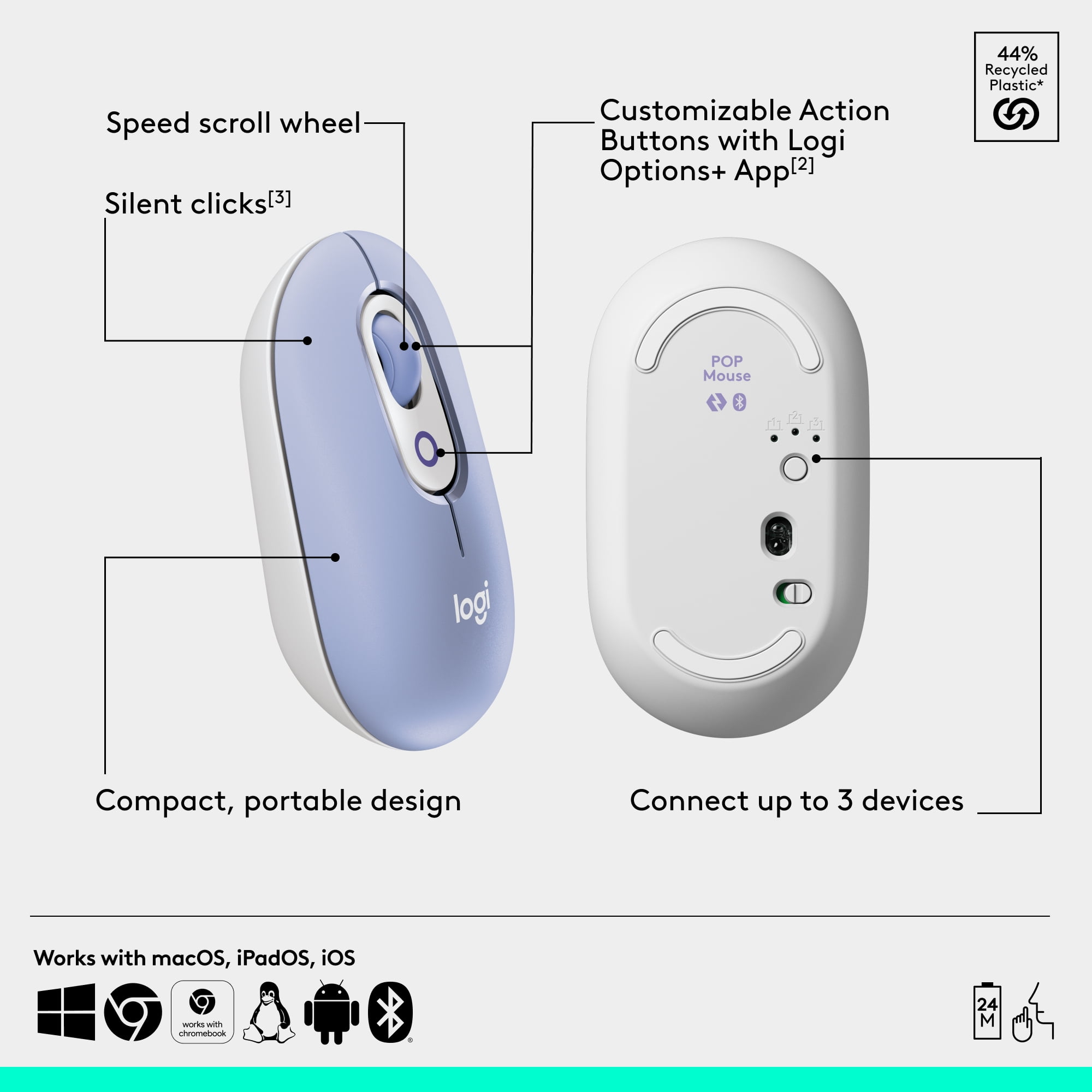Logitech POP Mouse, Wireless, Customizable Emoji, SilentTouch Technology, Precision/Speed Scroll, Multi-Device, Lilac