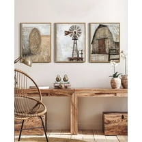 Farmhouse Wall Art 11x14in Natural Framed Vintage Rustic Windmill Barn Cornfield Pictures Framed Painting Landscape Countryside Rural Decor ﻿