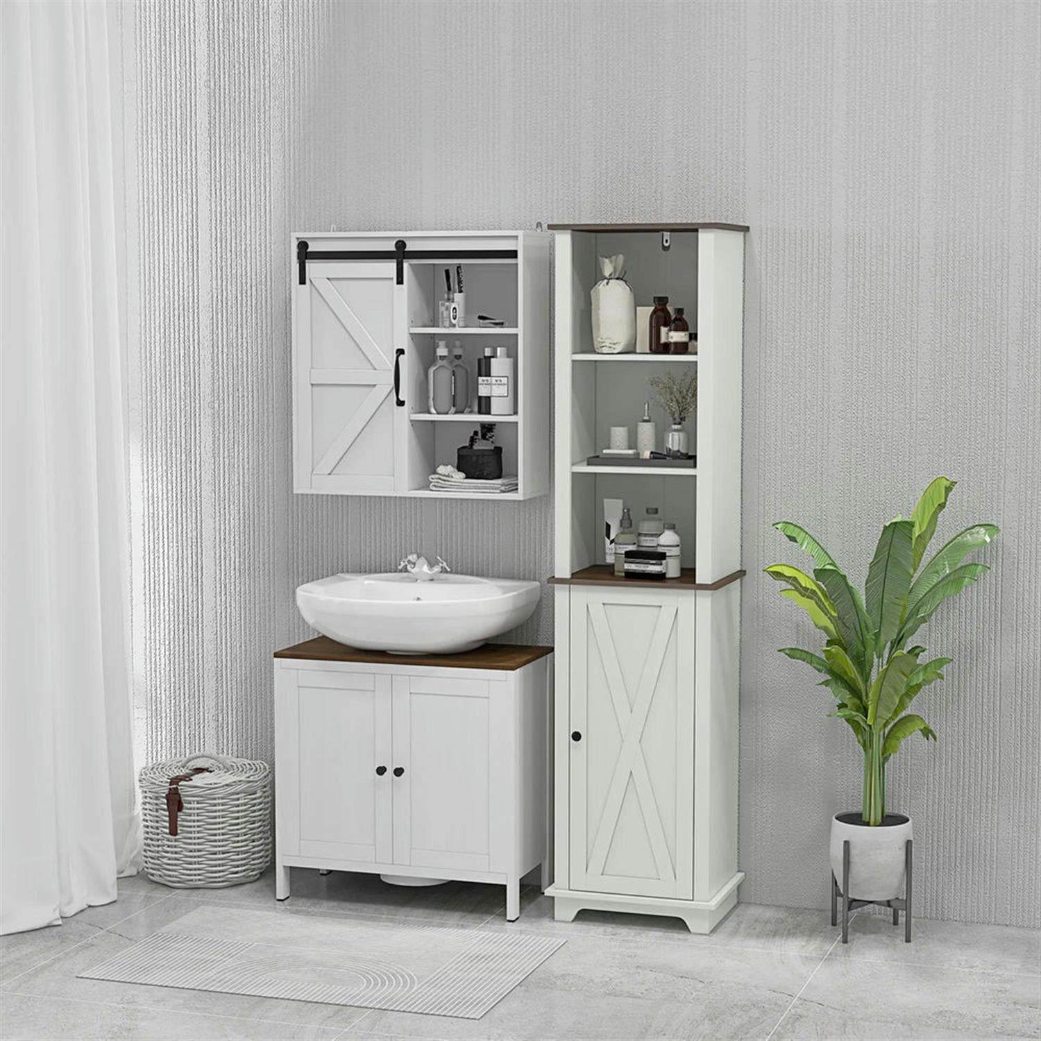 Demi Bonn 63" Tall Bathroom Storage Cabinet, Freestanding Cabinet with Door and Open Shelves for Living Room, Kitchen, Dining Room, Office, White