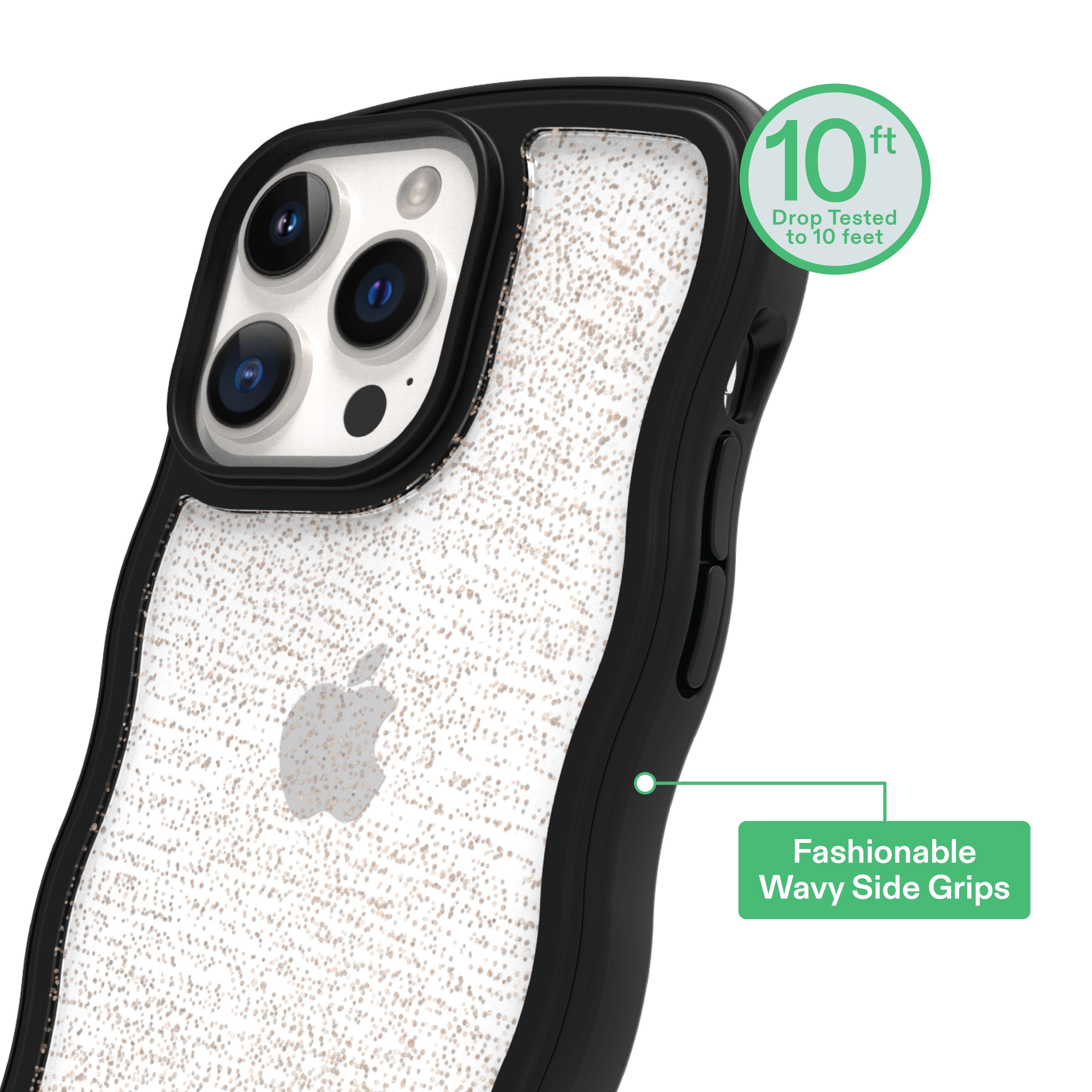 onn Wavy Grip Phone Case for iPhone 14 Pro Max / iPhone 13 Pro Max / iPhone 12 Pro Max - Black/Gold Glitter