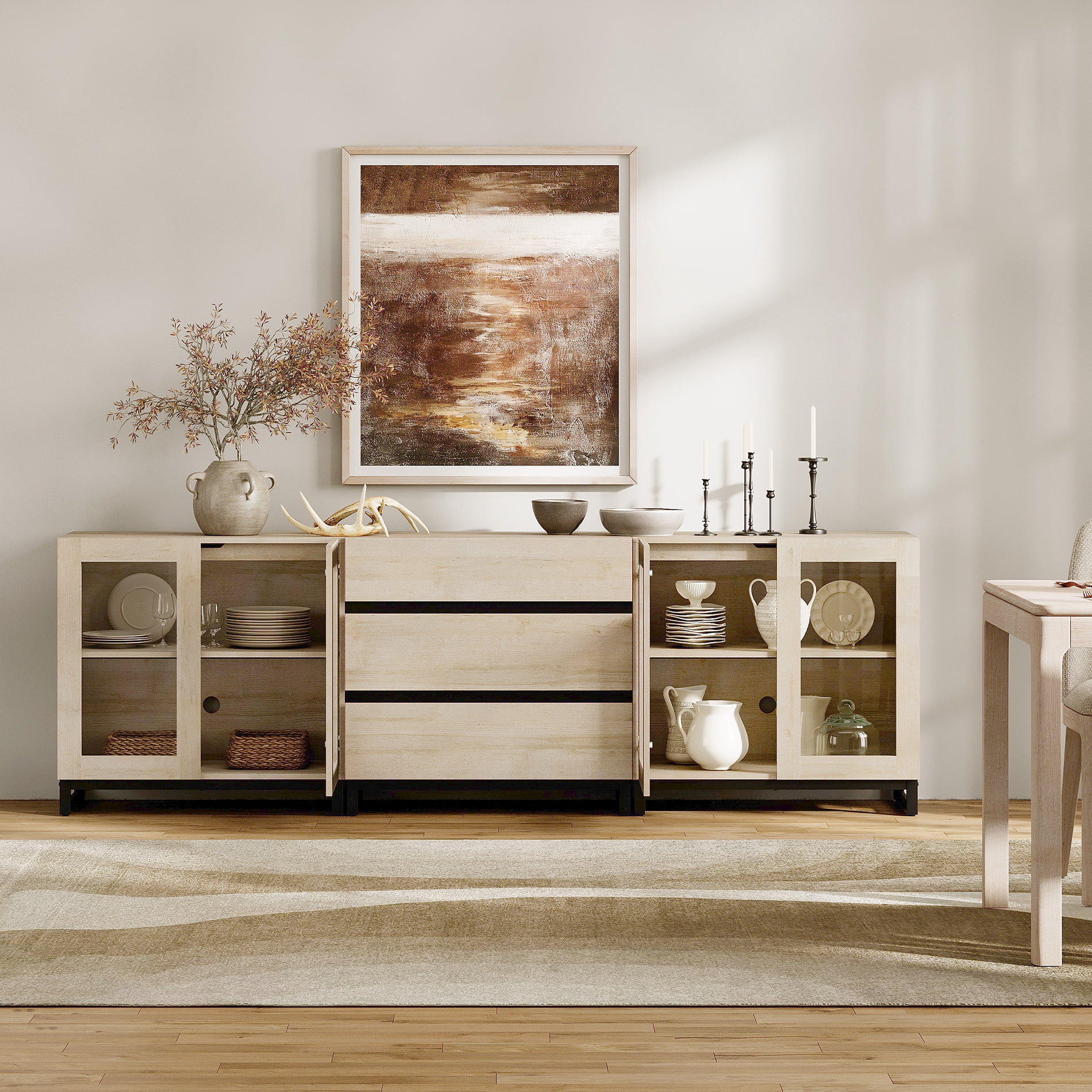 3 In 1 Modern Sideboard With Glass Doors And 3 Drawers,Storage Cabinet With Adjustable Shelves for Living Room, Kitchen,Beige