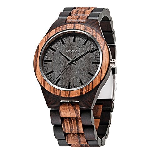 Bymax Handmade Vintage Analog Quartz Wooden Wrist Watches with Leather Strap Band Black Men Wood Watch 