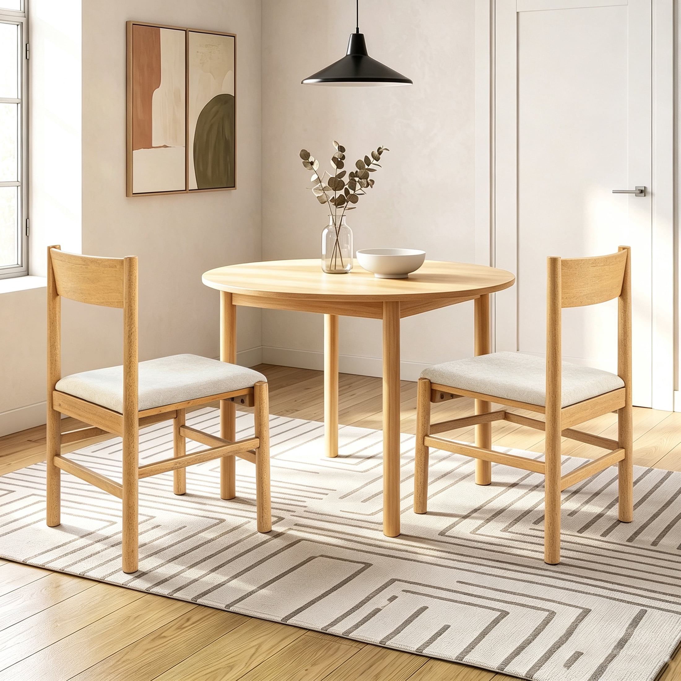 Mainstays Dowel Upholstered Dining Chairs, 2-Pack, Natural Teak Finish with Cream Fabric Seat for Indoor