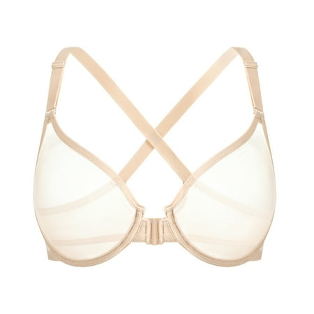 YANDW Women s Front Closure Sheer Mesh Bra Racerback See Through Unlined Plus Size Bralette Underwire  Beige 44C