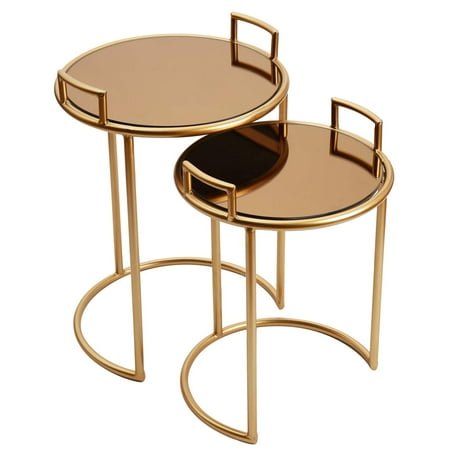 Adeco Ft0265 Decorative Nesting Round Side Accent Plant Stand Chair For Bedroom Living Room And Patio Set Of 2 End Tables Rose Gold Brown Glass
