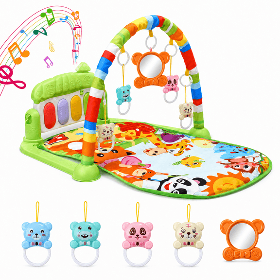 Lenbar Baby Play Mat Gym, Green Infant Activity Playmat with Hanging Toys, Soft Padded Tummy Time Mat for Newborn to Toddler, Foldable & Washable,