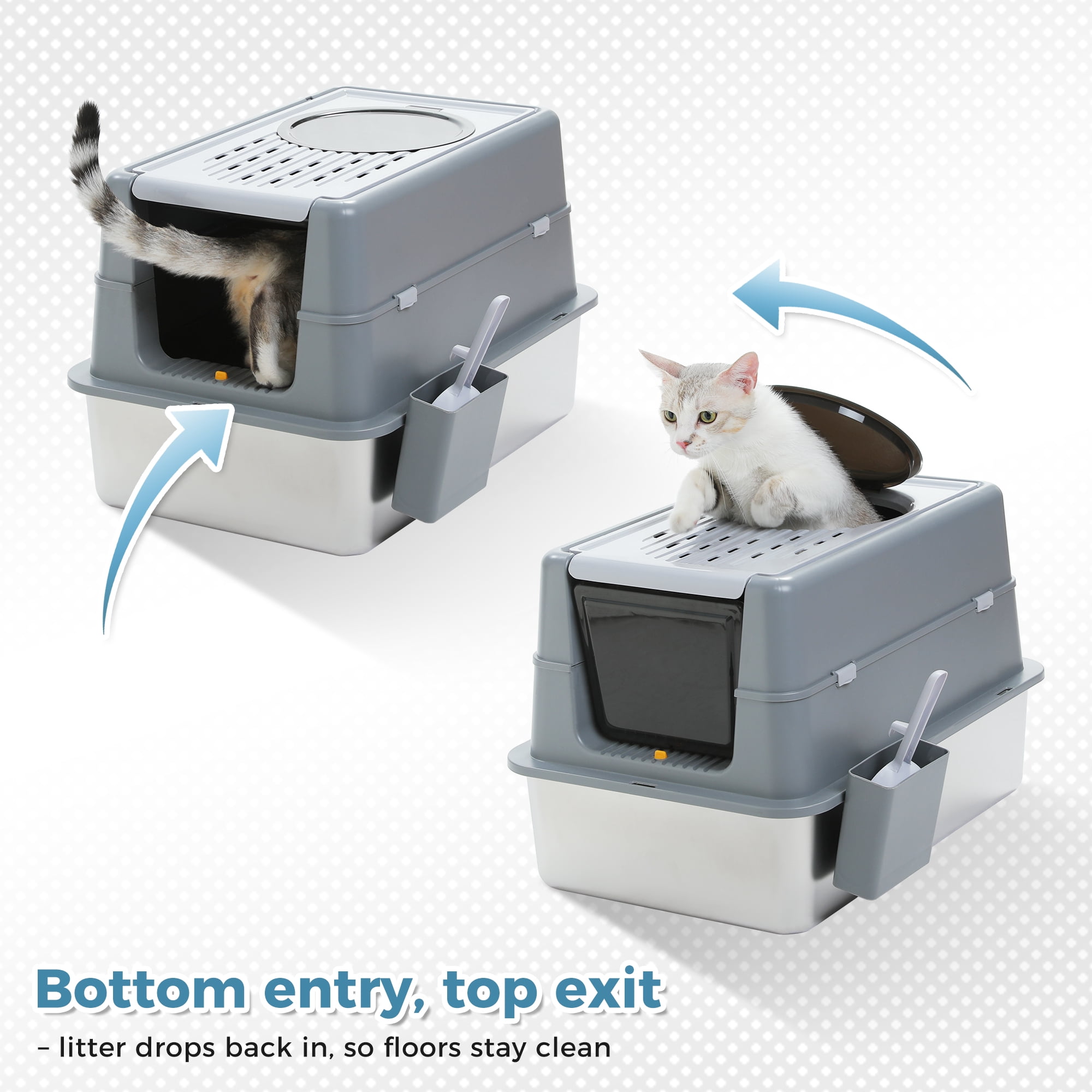 PAWZ Road 304 Stainless Steel Litter Box with Lid Large Cat Litter Box with Scoop, Enclosed, Easy Clean, Odor Control
