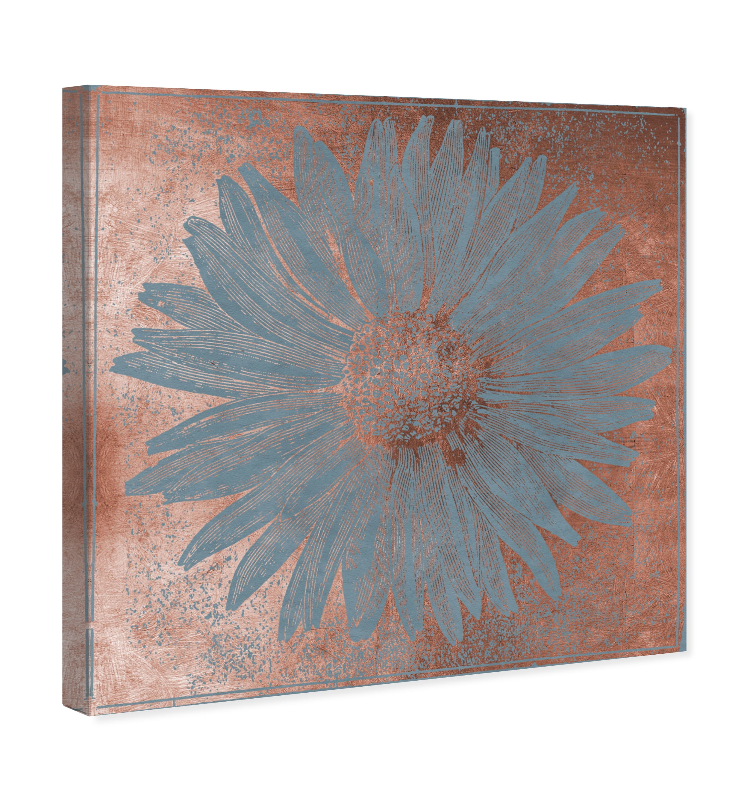 Sunflower Woodblock Copper Floral and Botanical Wall Art Print Blue 12x12